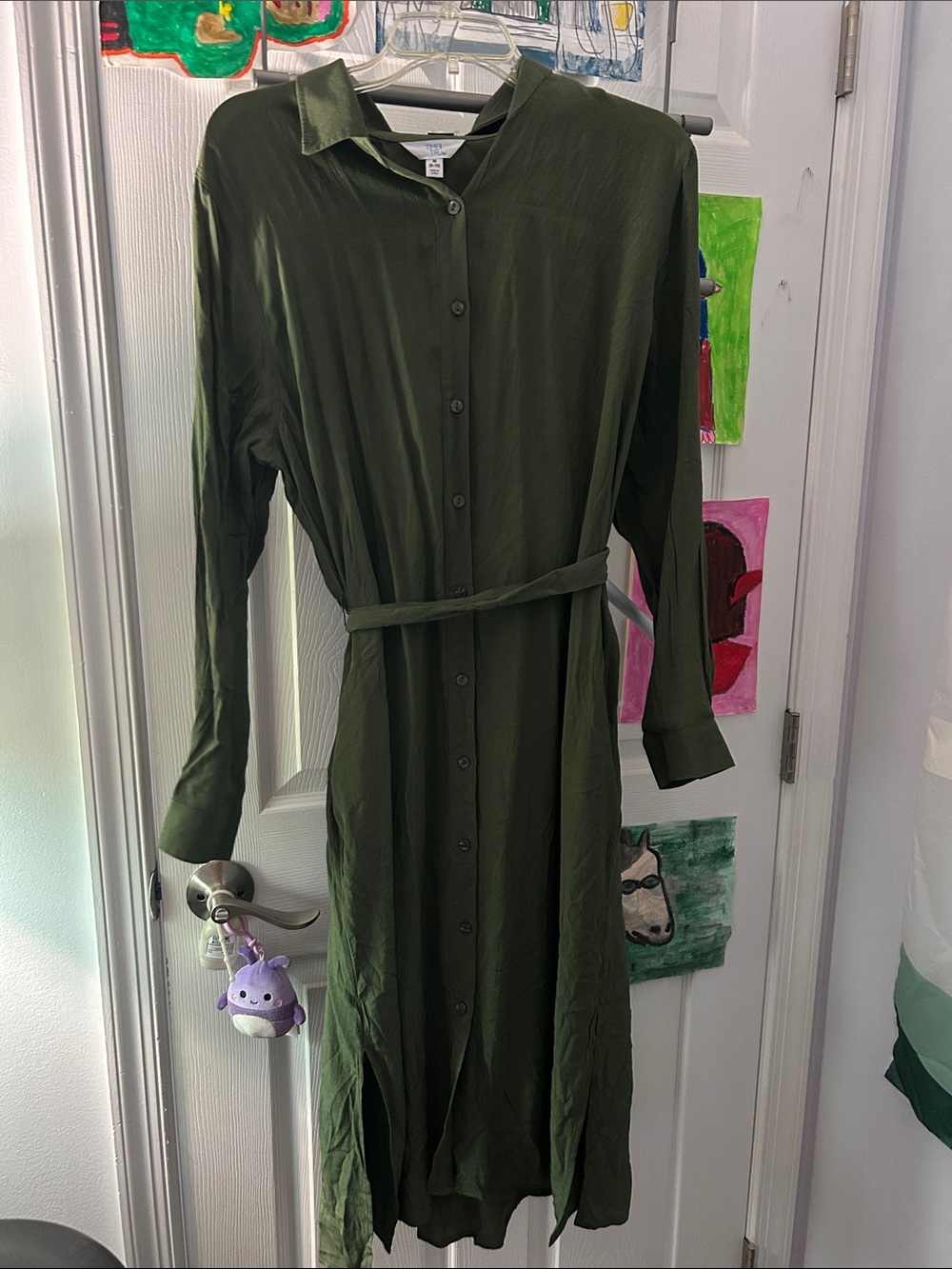 Time and Tru Olive Green Long Sleeve Shirt Dress with Belt
